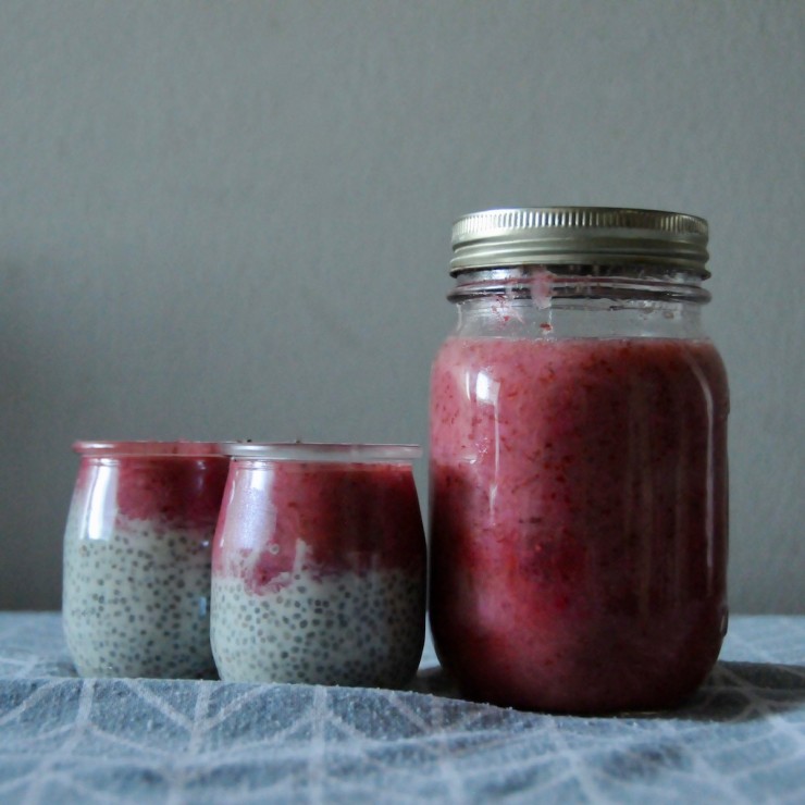 jar or red fruit jelly and two small pots of red fruit jelly on top of chia pudding