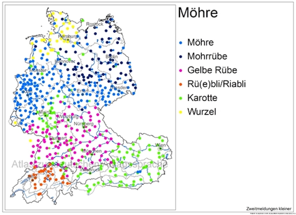 a map with the regional names for carrot in German: Möhre in the North West, Wurzel in the North, Mohrrübe in the North East, Karotte im Westen und Österreich, Gelbe Rübe im Süden und Rüebli in der Schweiz